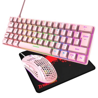 Combo Teclado Mecanico y Mouse ZiyouLang T60 Rosado + alfombrilla